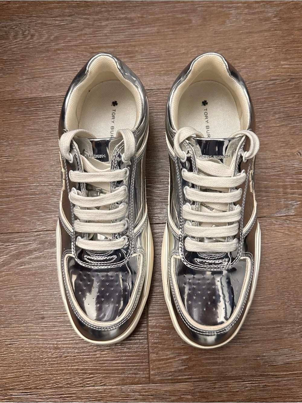 Tory Burch Women’s Silver Metallic Low Top Lace-Up Logo Sneakers Rubber